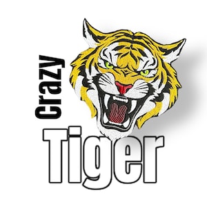 Könnte beinhalten: Ein gelbes und schwarzes Tigergesicht vor weißem Hintergrund. Der Tiger hat einen grimmigen Ausdruck mit offenem Maul und sichtbaren Zähnen. Der Text "Crazy Tiger" ist in schwarzen Buchstaben unter dem Tiger geschrieben.