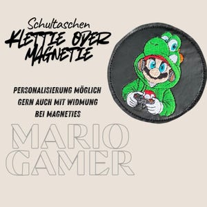 Klettie Magnet Gamer Yoshi Super Mario Schultasche Ranzen Schulranzen m. Klett oder magnetischem Metallplättchen personalisiert Name Button