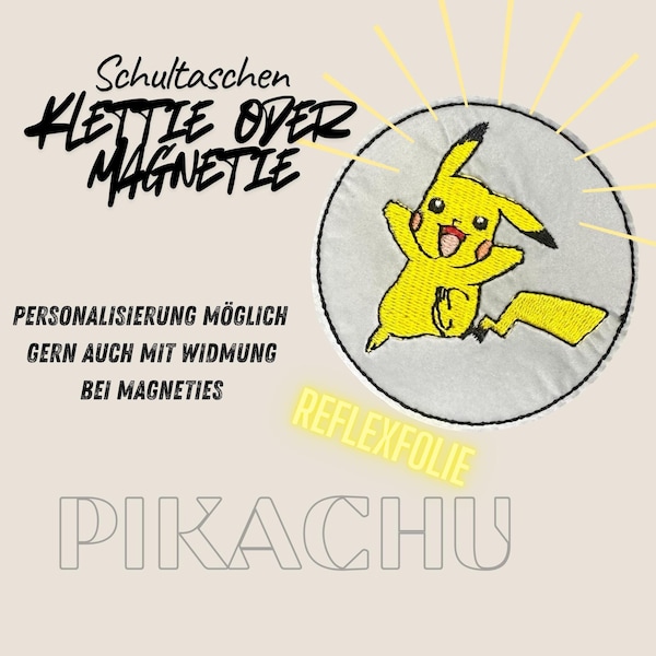 Imán personalizado de Pikachu Klettie para sujetar a mochilas, bolsos o mochilas escolares con velcro o placas metálicas (se requiere nombre).