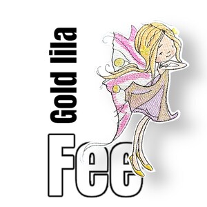 Könnte beinhalten: Gold lila Fee gestickter Patch mit einem rosa-weiß gestreiften Schmetterling und einem lila Kleid. Die Fee hat blonde Haare und eine Krone.