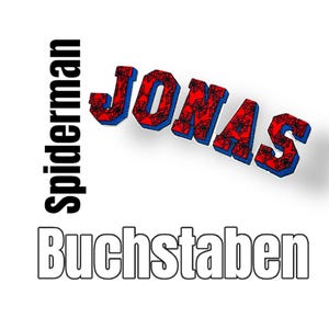 Könnte beinhalten: Rote und blaue Buchstaben, die den Namen "JONAS" mit einem schwarzen Spinnennetz-Muster buchstabieren. Die Buchstaben sind im 3D-Stil gehalten und haben einen weißen Umriss. Die Texte "spiderman" und "Buchstaben" sind ebenfalls in Schwarz sichtbar.
