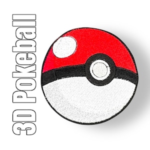 Könnte beinhalten: Ein gestickter 3D-Pokéball-Patch in Rot und Weiß. Der Pokéball ist ein kugelförmiges Objekt mit einem schwarzen Band um die Mitte und einem weißen Kreis oben.