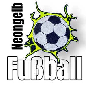 Könnte beinhalten: Ein neon-gelber und schwarzer gestickter Bügel-Patch mit einem Fußball und dem Text "Neongelb Fussball".