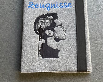 Zeugnismappe Junge Bibliothek Stickerei Wissen im Kopf zeitloses Namens Geschenk personalisiert Schulanfang 1. Zeugnis individuell bestickt