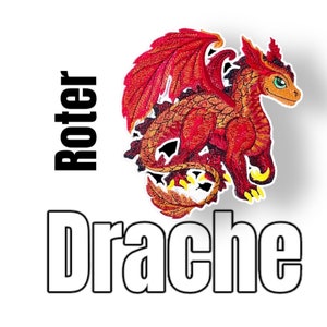 wunderschöne rote Drachen Applikation leuchtend für Mädchen und Jungen toll für Schultüte Jacke oder Tasche zum aufbügeln 2 Größen auf weiß