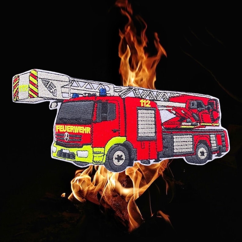 May include: Red and white embroidered patch of a fire engine with a ladder, the words "FEUERWEHR" and "112" on the side, and flames in the background.