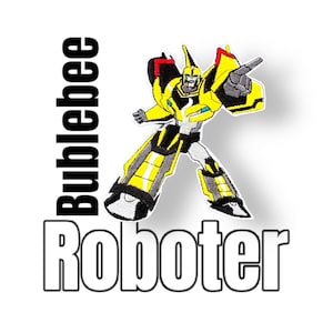 Könnte beinhalten: Ein gestickter Aufnäher mit einem gelben und schwarzen Roboter mit dem Text "Bumblebee Roboter" darunter.