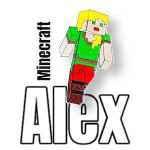 Könnte beinhalten: Ein Minecraft-Charakter, Alex, ist in einem pixeligen Stil dargestellt, trägt ein grünes Hemd, eine braune Hose und rote Schuhe. Das Wort "Minecraft" ist vertikal in schwarzem Text links neben dem Charakter geschrieben. Das Wort "Alex" ist in großen, weißen, umrandeten Buchstaben unter dem Charakter geschrieben.