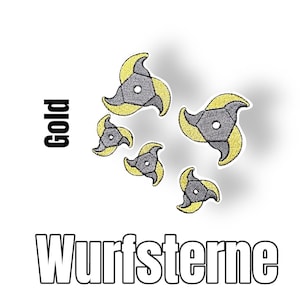 Könnte beinhalten: Gestickte Aufnäher in Form von Ninja-Wurfsternen. Die Aufnäher sind grau mit gelben Akzenten und einem kleinen Loch in der Mitte. Das Wort "Gold" ist vertikal links aufgedruckt, und "Wurfsterne" ist unten aufgedruckt.