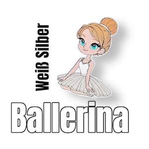 Könnte beinhalten: Weißer und silberner Ballerina-Applik mit weißem Tutu und blauen Augen. Der Text "Ballerina" steht unter dem Applik.