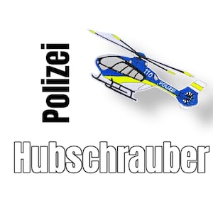 Könnte beinhalten: Blau-weißer Hubschrauber-Patch mit gelben Akzenten. Der Hubschrauber trägt die Aufschrift "Polizei" und die Nummer "110". Der Text "Hubschrauber" befindet sich unter dem Hubschrauber.