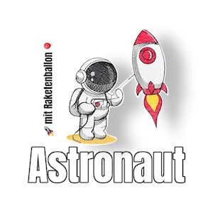 Könnte beinhalten: Eine Schwarzweißillustration eines Astronauten, der einen roten und weißen Raketenballon hält. Der Text "Astronaut" ist unter dem Bild geschrieben. Der Text "mit Raketenballon" ist vertikal auf der linken Seite des Bildes geschrieben.