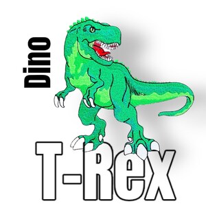 Könnte beinhalten: Ein grüner T-Rex-Dinosaurier aus der Zeichentrickserie mit dem Wort "dino" in schwarzem Text und "T-Rex" in weißem Text unter dem Dinosaurier.