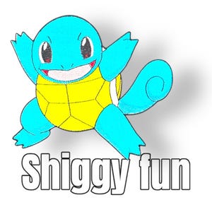 Könnte beinhalten: Eine blaue und gelbe Comic-Schildkrötenfigur mit einem breiten Lächeln. Der Text "Shiggy fun" befindet sich unter der Figur.
