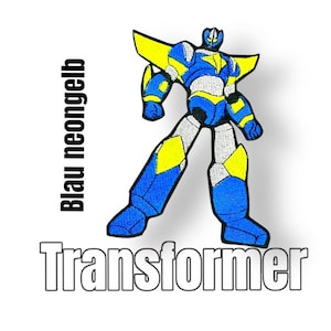 Könnte beinhalten: Blau-gelber gestickter Bügelaufkleber mit einem Roboter und dem Text "Transformer" darunter.