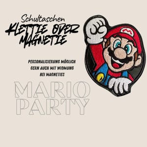 Klettie Magnetie Mario Party für Schultasche Ranzen Schulranzen mit Klett oder magnetischem Metallplättchen Luigi Bowser Yoshi Toad Button