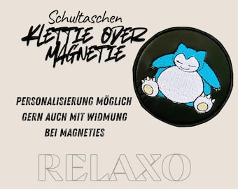 Personalized Klettie Magnet Pokemon Snorlax for school bags, satchels, and backpacks with Velcro or magnetic metal plate. Button for satchels.