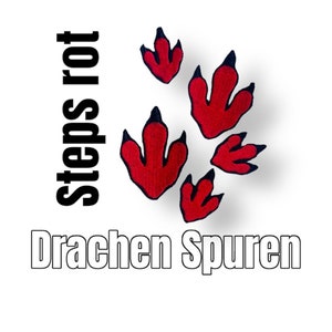 Könnte beinhalten: Fünf rote Drachenspuren mit schwarzen Umrissen auf weißem Hintergrund. Der Text "steps rot" befindet sich auf der linken Seite des Bildes und der Text "Drachen Spuren" befindet sich am unteren Rand des Bildes.