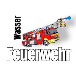 Könnte beinhalten: Illustration eines rot-gelben Feuerwehrautos mit dem Wort "Wasser" in schwarzem vertikalem Text und dem Wort "Feuerwehr" in schwarz umrandetem Text. Das Feuerwehrauto hat eine ausgefahrene Leiter und einen Wasserstrahl.