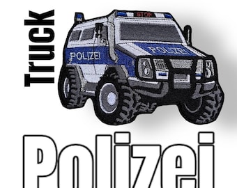 Polizeiauto / Polizeiwagen / Polizeitruck Patch Bügelbild nach Vorbild Ergo Bag und Step by step mit Glitzergarn XXL auf schwarzem Filz