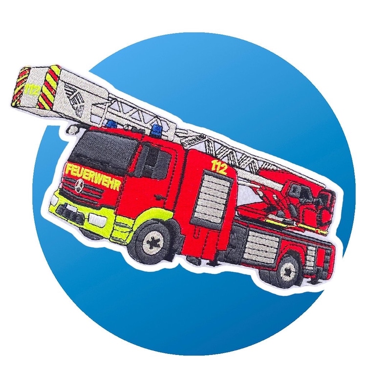 May include: Red fire engine with a ladder and the words "FEUERWEHR" and "112" on the side. The engine is on a blue circle background.