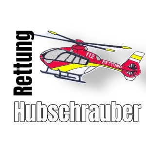 Könnte beinhalten: Roter und gelber gestickter Aufnäher eines Hubschraubers mit den Worten "Rettung" und "112". Der Hubschrauber ist ein Rettungshubschrauber.