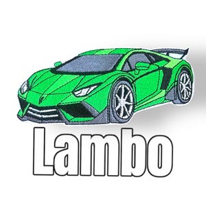 Könnte beinhalten: Grüner Lamborghini Sportwagen mit schwarzen Akzenten und dem Wort "Lambo" darunter.