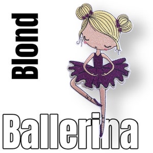 Könnte beinhalten: Ein gestickter Bügelaufkleber mit einer blonden Ballerina mit einem lila Tutu und rosa Schuhen. Der Text "Ballerina" befindet sich unter dem Bild und der Text "Blond" links neben dem Bild.