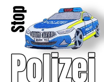 Polizeiauto / Polizeiwagen Patch Applikation für Schultüte Kleidung Taschen Polizeifan Bügelbild Aufbügler Silber neongelb glitzernd M u XXL