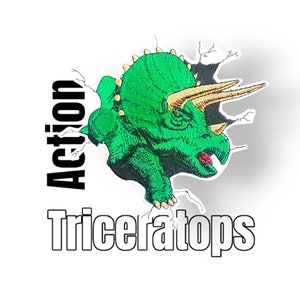 Könnte beinhalten: Grüner gestickter Aufnäher eines Triceratops-Dinosauriers, der eine rissige Wand durchbricht, mit dem Text "Action" und "Triceratops" darunter.