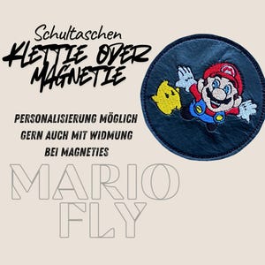 Klettie Magnet Super Mario Fly Star Schultasche Ranzen Schulranzen m. Klett oder magnetischem Metallplättchen personalisiertest Name Button