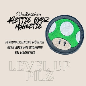 Klettie Magnet Mario Level up Pilz Schultasche Ranzen Schulranzen m. Klett oder magnetischem Metallplättchen personalisiert Button Tornister