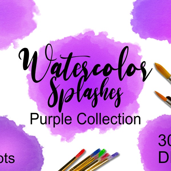 Purple Watercolor splash clip art bundle, Lavender circle paint splatter set, Purple splotch bundle, Violet watercolor blots design element