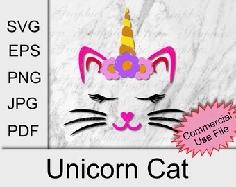 Svg licorne chat pour cricut, image vectorielle chat licorne avec fleurs, clipart sublimation licorne chat png