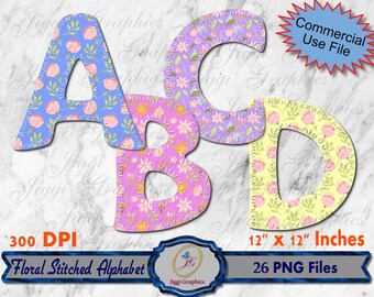 Floral Alphabet png, Faux Applique Alphabet Clipart, Stitched Floral Doodle Alphabet, Pastel Floral uppercase Letter png, Hand Drawn Letters