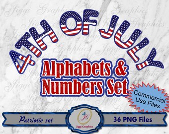 Patriotic Alphabet, US Flag numbers, 4th of July alphabet, Uppercase letters png, American Flag number set, Hand Drawn alphabet and Numbers