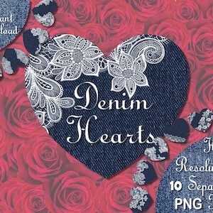 Valentine&#39;s Day Denim Heart background sublimation, Denim and Lace Hearts Clip art png,  Blue Denim background sublimation png