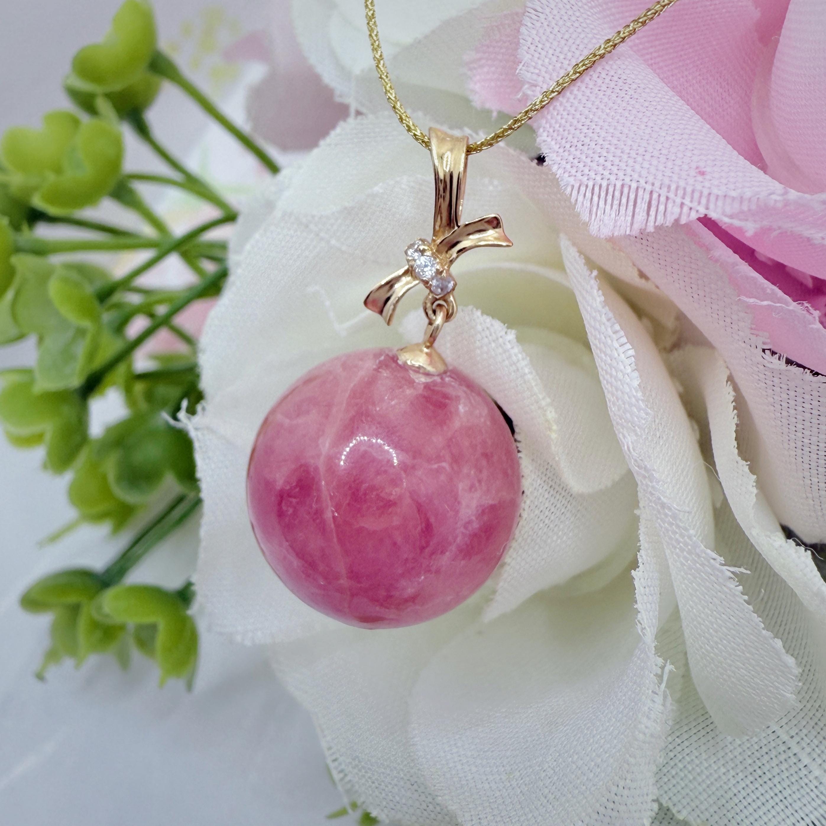 18K Solid Gold Bow Real Nature Rhodochrosite Pendant DIY Handmade