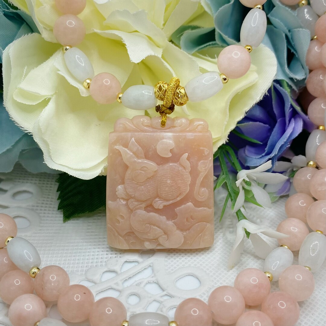 Opal Colour Rabbit Natural Pink Opal Rabbit Necklace Hand Carved Bunny Pendant Genuine ...