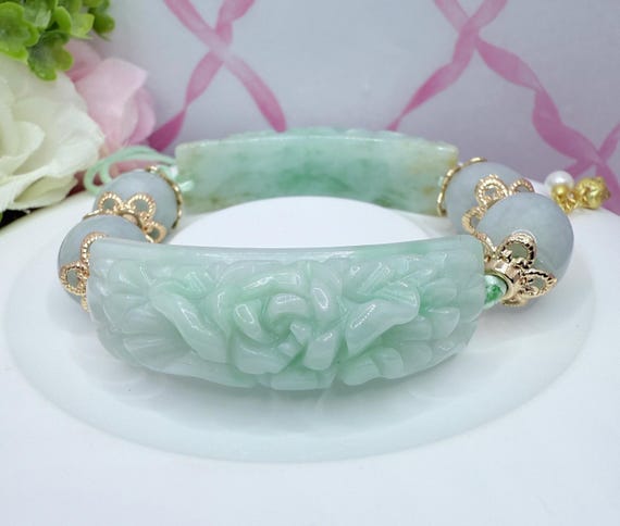 Natural Type A Green Jadeite Rose Bangle 14K Gold Filled Handmade Floral Bracelet 16cm