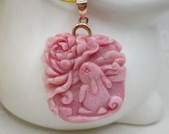 Pink Rhodonite Rabbit Bunny Floral S925 Rose Gold Pendant Reak Nature Rhodonite