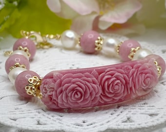 Nature Rhodonite Floral Freshwater Pearl Bracelet DIY Handmade