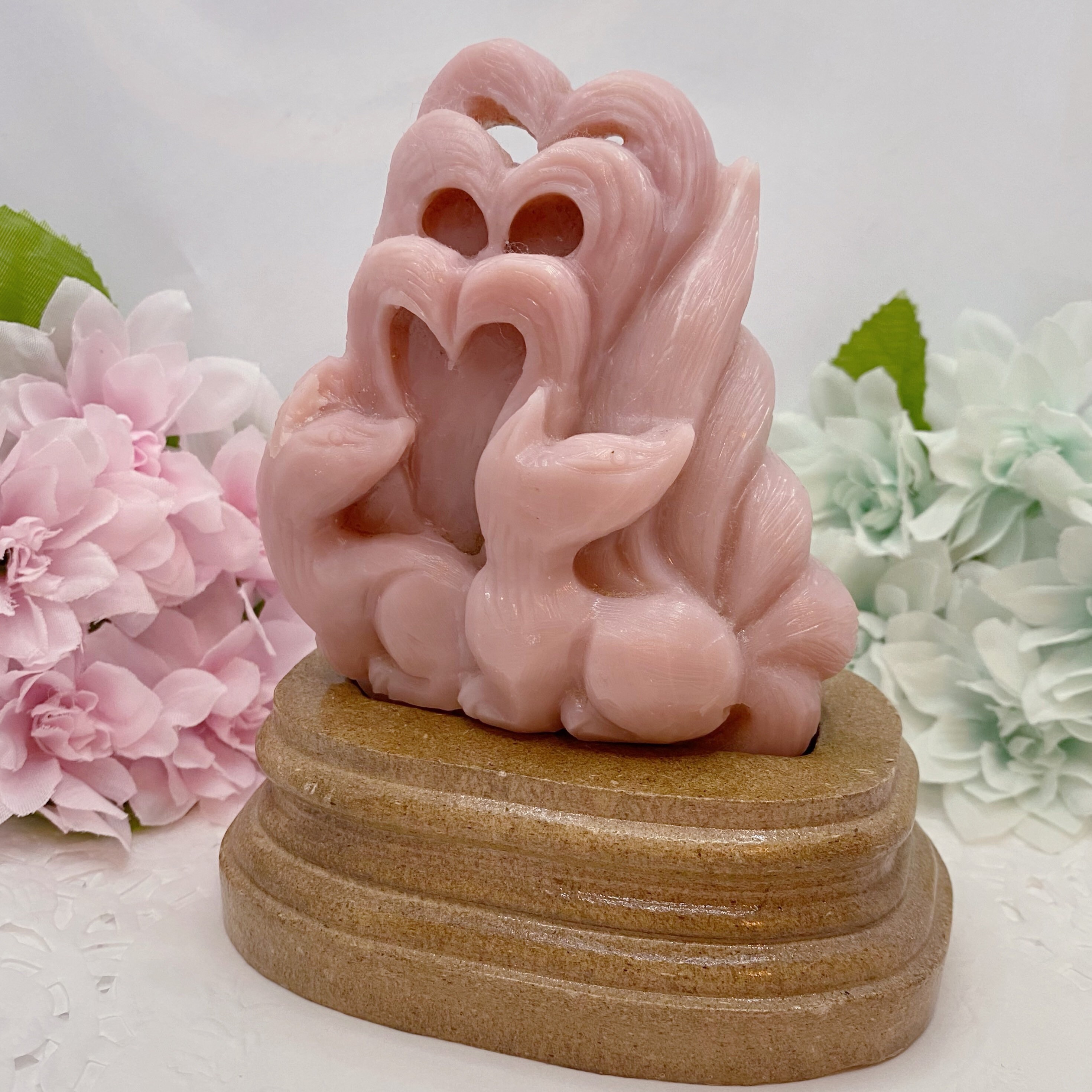 Natural Pink Opal Nine Tailed Fox Carving Hand Carved Kitsune