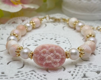 Queen Conch Shell Floral Bracelet 14K Gold Filled, Freshwater Pearl