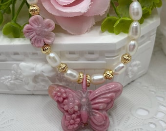 Collier de perles d'eau douce florales en Rhodonite, papillon naturel, fait à la main, DIY
