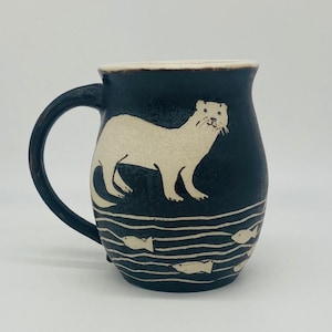 river otter belly mug, hand thrown, stoneware, hand decorated, black and white, 16 oz  mug