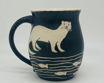 river otter belly mug, hand thrown, stoneware, hand decorated, black and white, 16 oz  mug