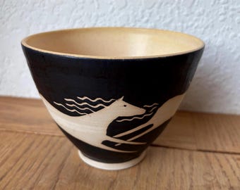 Hand Thrown Stoneware Bowl: racing wild horses design, 16 oz