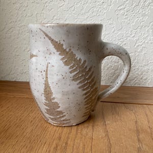 Fern mug, Hand thrown mug, white mug, nature-themed, stoneware, 16 oz mug