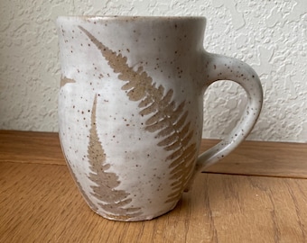 Fern mug, Hand thrown mug, white mug, nature-themed, stoneware, 16 oz mug
